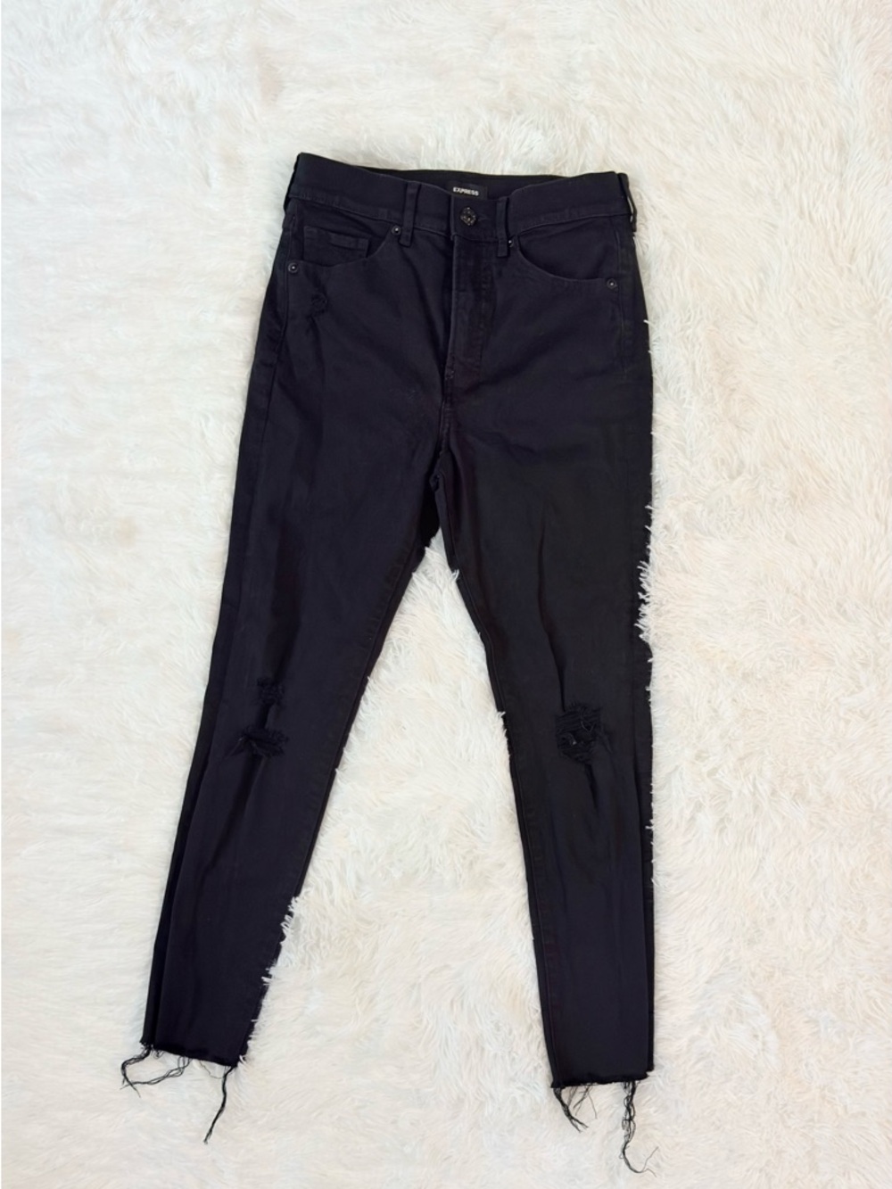 Express Jeans Skinny High Rise 2S Black Distressed Raw Hem Denim 26x25